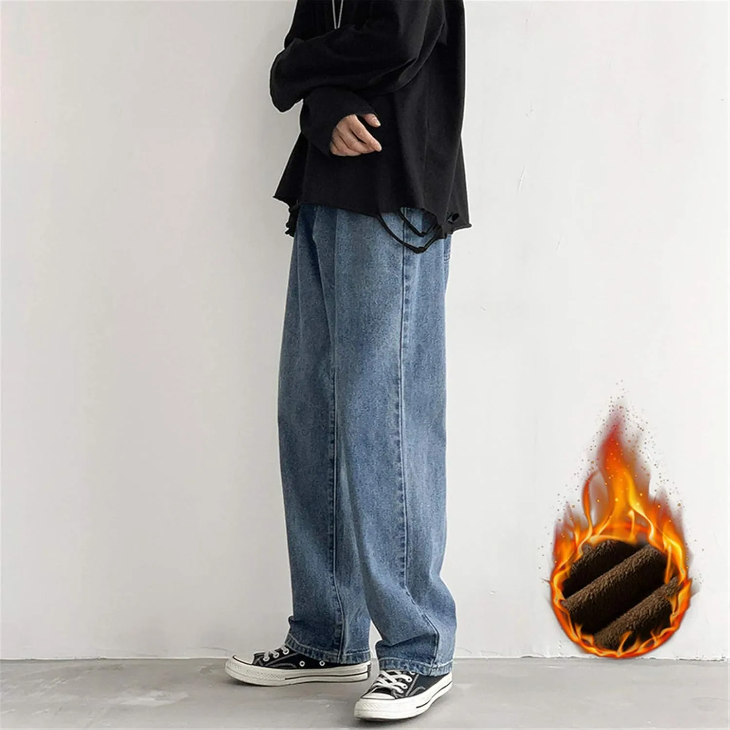 Andongnywell Men's Loose Straight Leg Jeans Baggy Straight Thick Ceiling Wide-Leg Denim Pants Trousers