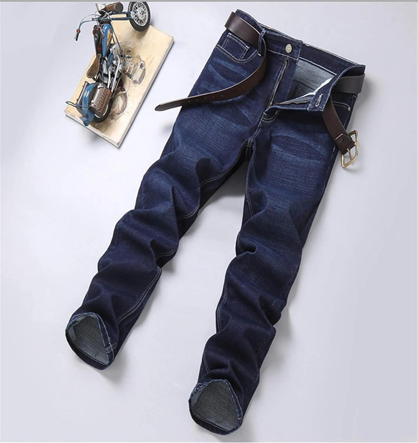Andongnywell Men's Straight Stretch Motion Denim Pants Thick Stretch high Waist Straight Leg Jeans Trousers