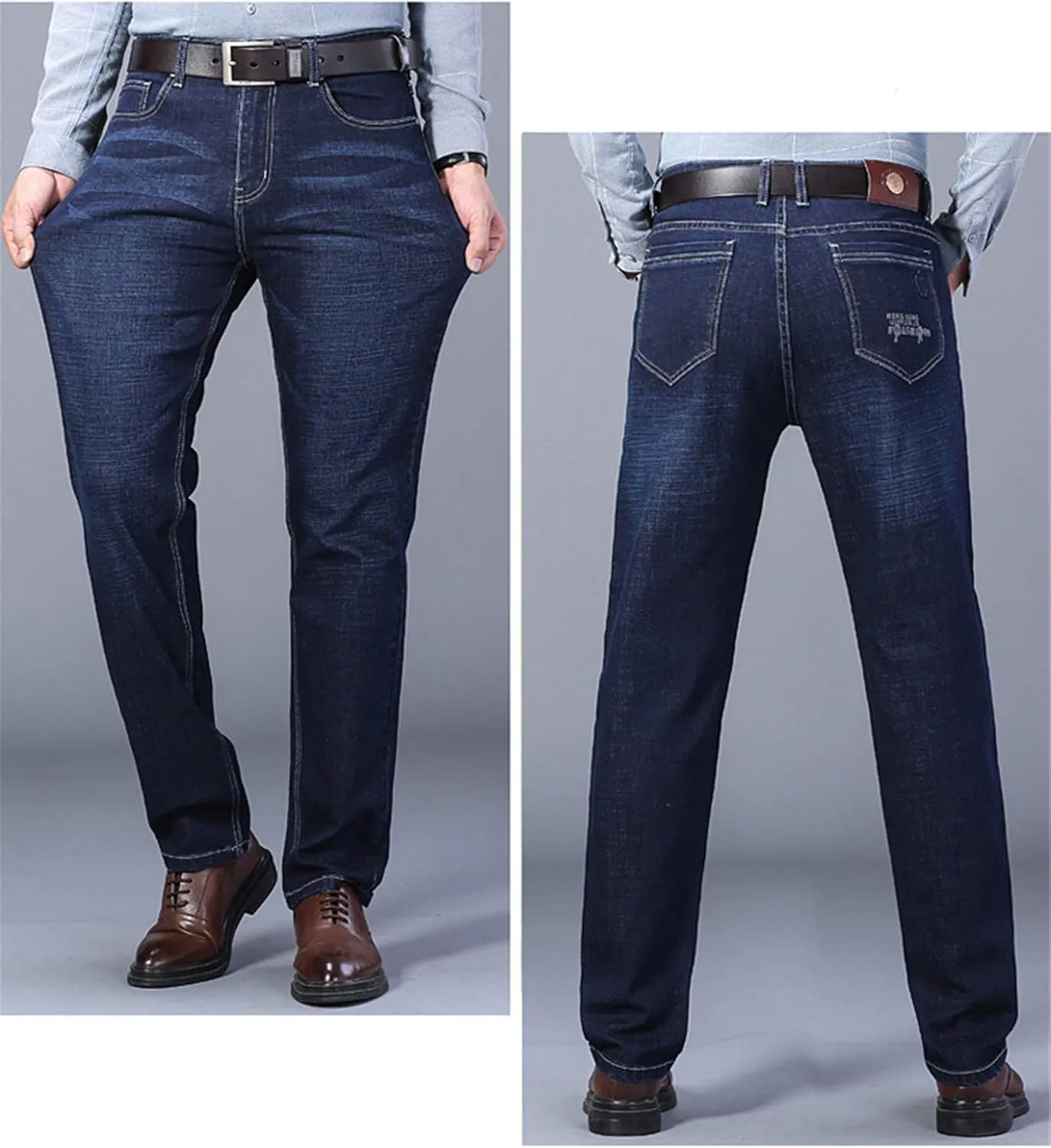 Andongnywell Men's Straight Stretch Motion Denim Pants Thick Stretch high Waist Straight Leg Jeans Trousers