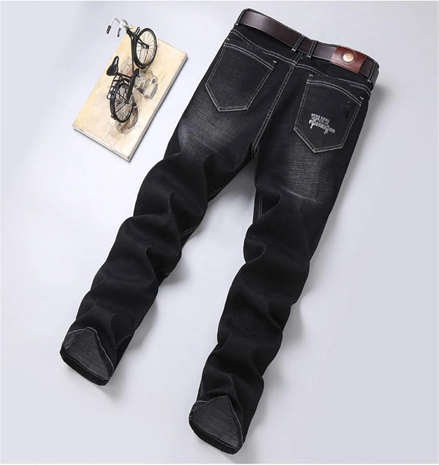Andongnywell Men's Straight Stretch Motion Denim Pants Thick Stretch high Waist Straight Leg Jeans Trousers