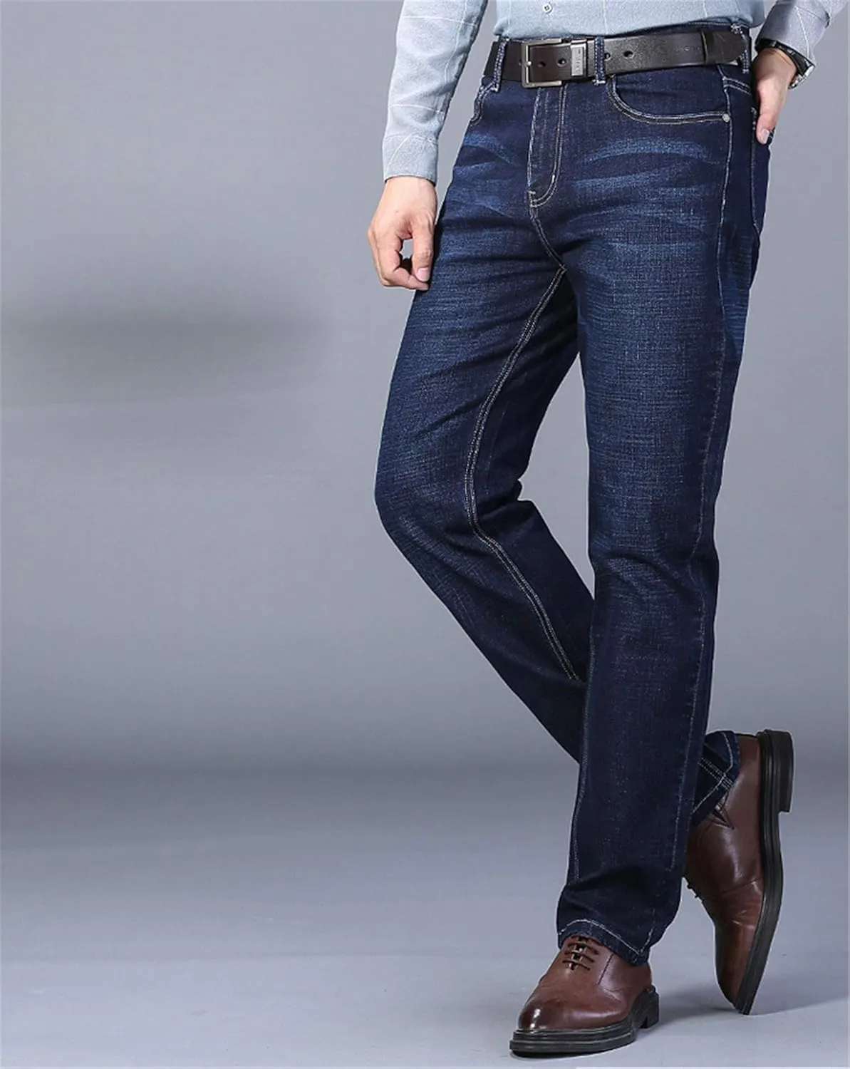 Andongnywell Men's Straight Stretch Motion Denim Pants Thick Stretch high Waist Straight Leg Jeans Trousers