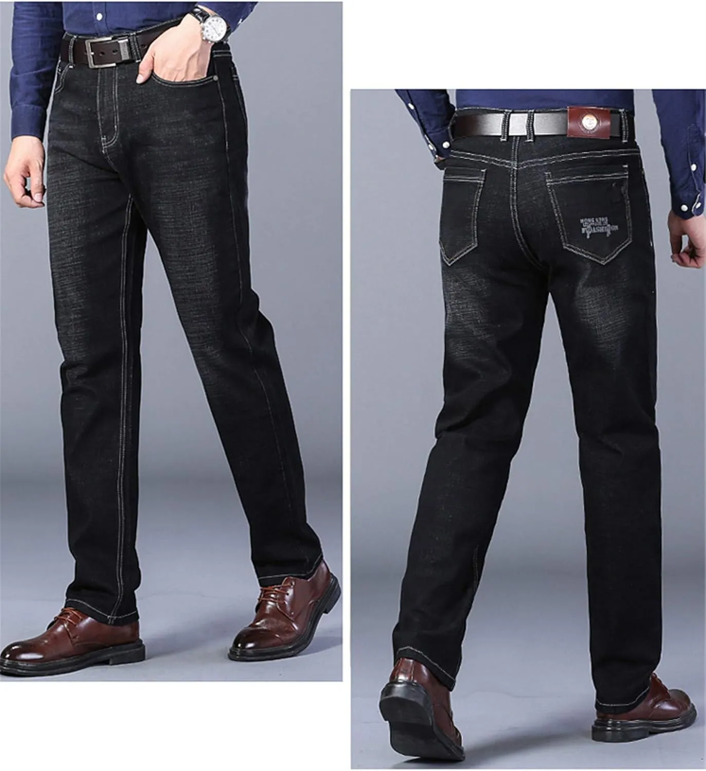 Andongnywell Men's Straight Stretch Motion Denim Pants Thick Stretch high Waist Straight Leg Jeans Trousers