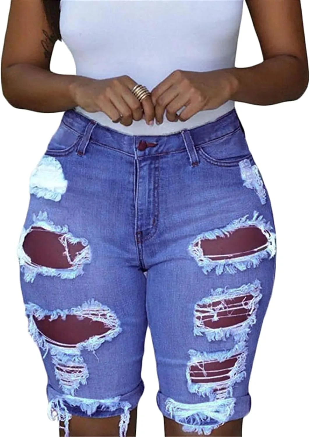 Andongnywell Womens High Waisted Casual Ripped Frayed Jean Shorts Juniors Raw Hem Distressed Denim Shorts Hot Pants