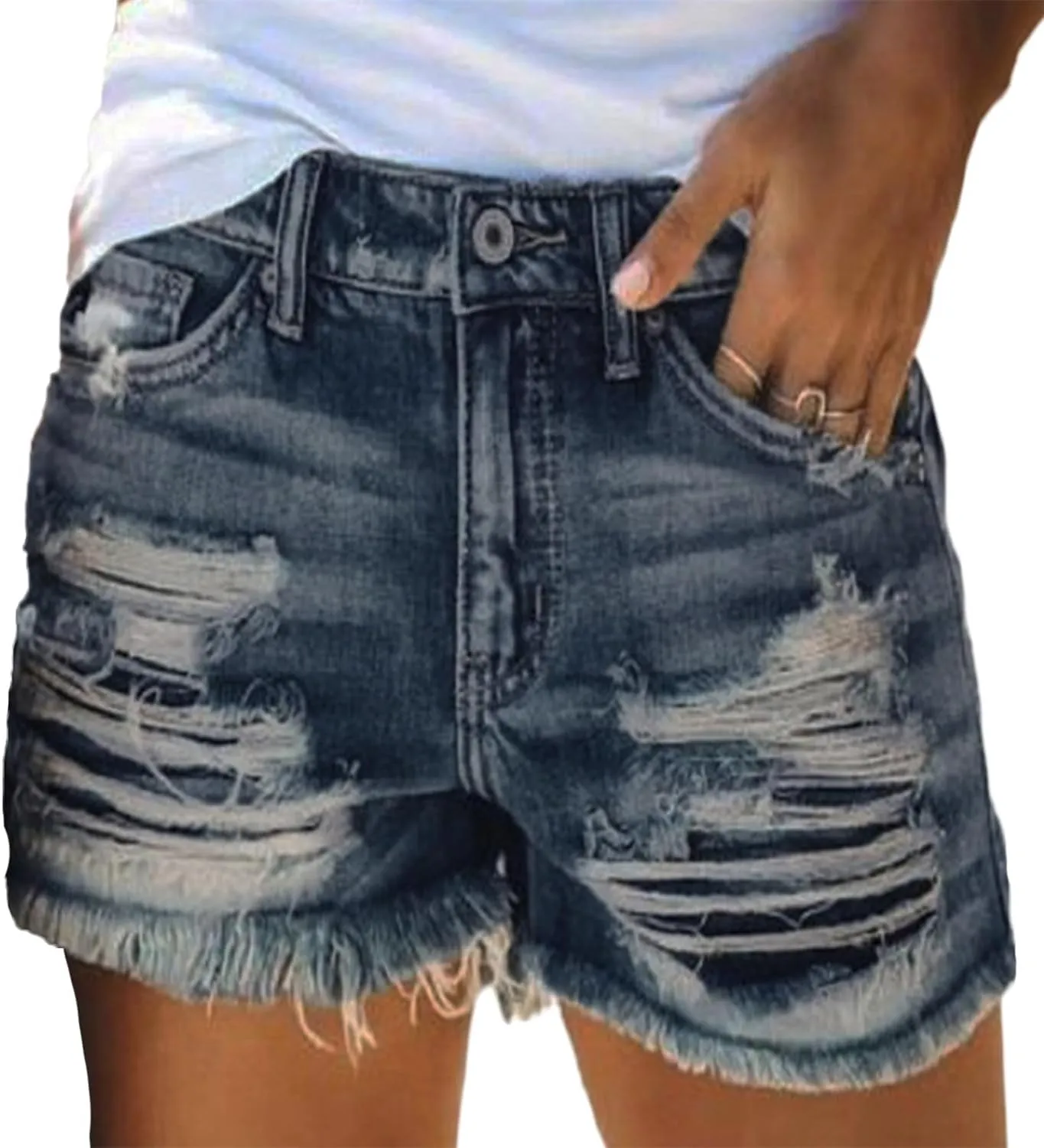 Andongnywell Womens High Waisted Summer Ripped Frayed Raw Hem Shorts Stretchy Denim Long Shorts Casual Distressed Jean Shorts