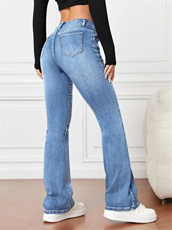 Andongnywell Women's Retro Mid Waisted Bootcut Jeans Plus Size Slim Fit Boot cuts Jeans Trousers