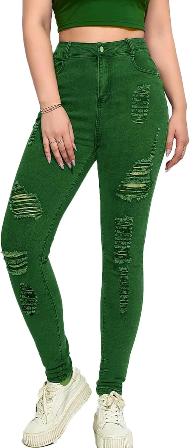 Andongnywell Women's Skinny Distressed Jeans Sexy Ripped Hole Jeans High Waisted Slim Fit Stretch Denim Pants Trousers
