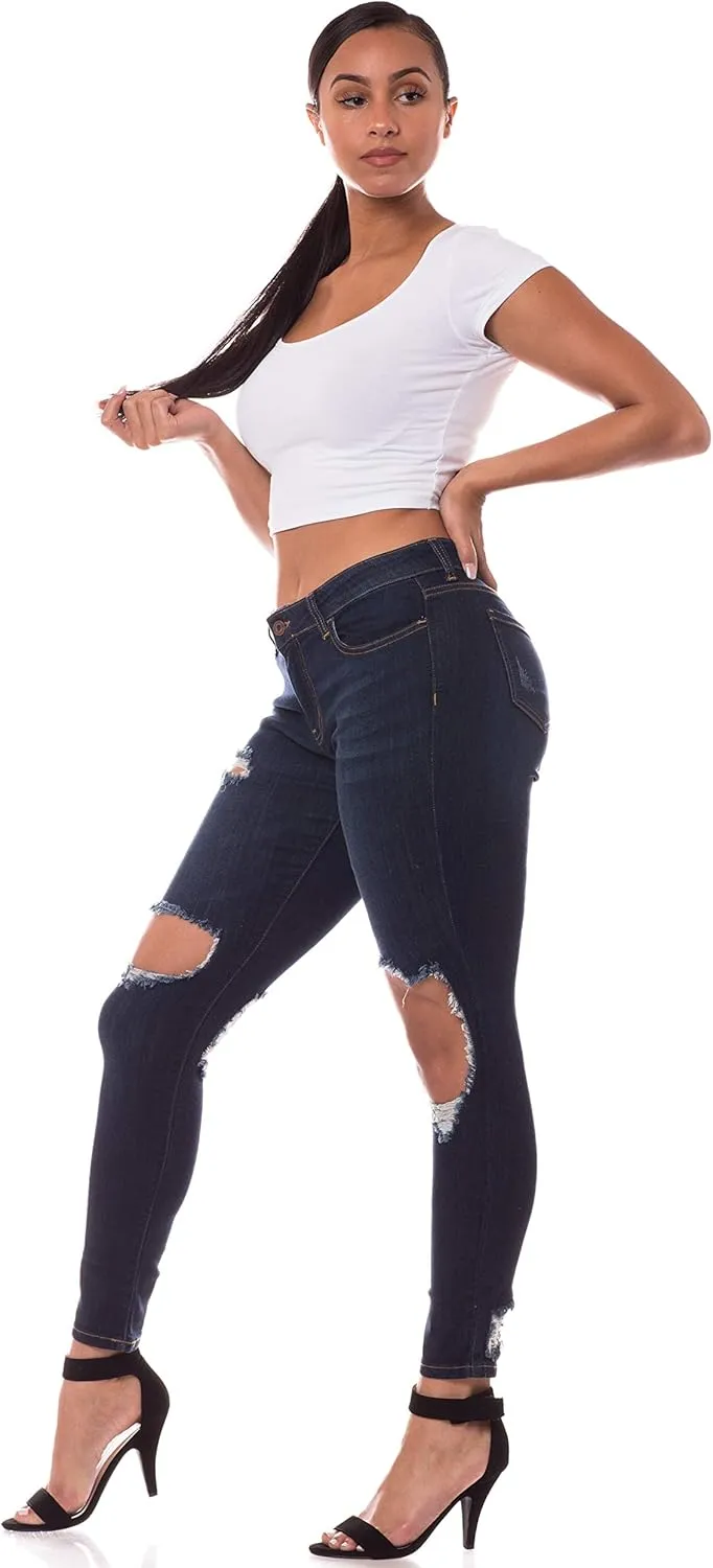Aphrodite Mid Rise Jeans for Women - Skinny Stretch Womens Distressed Ripped Jeans