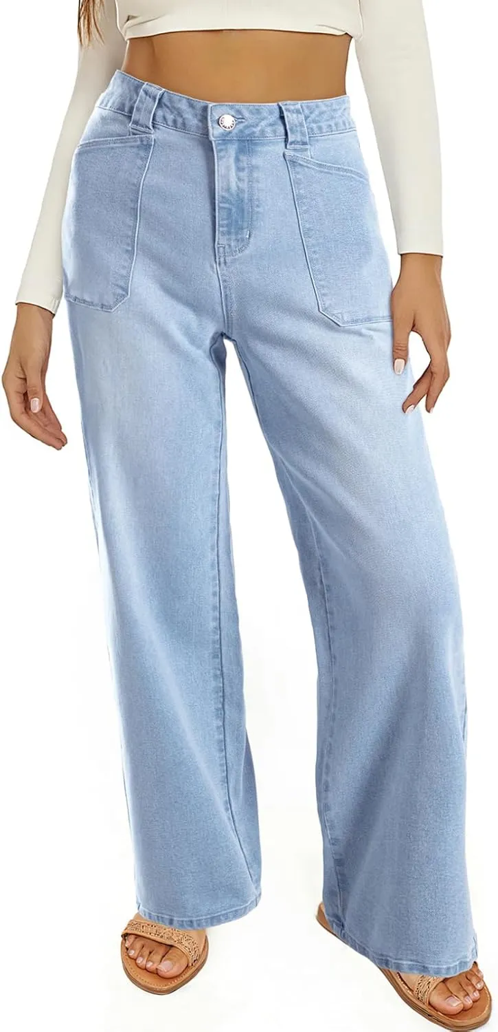 Astylish Women‘s High Waisted Straight Leg Jeans Stretchy Wide Leg Jeans Trendy Denim Pants