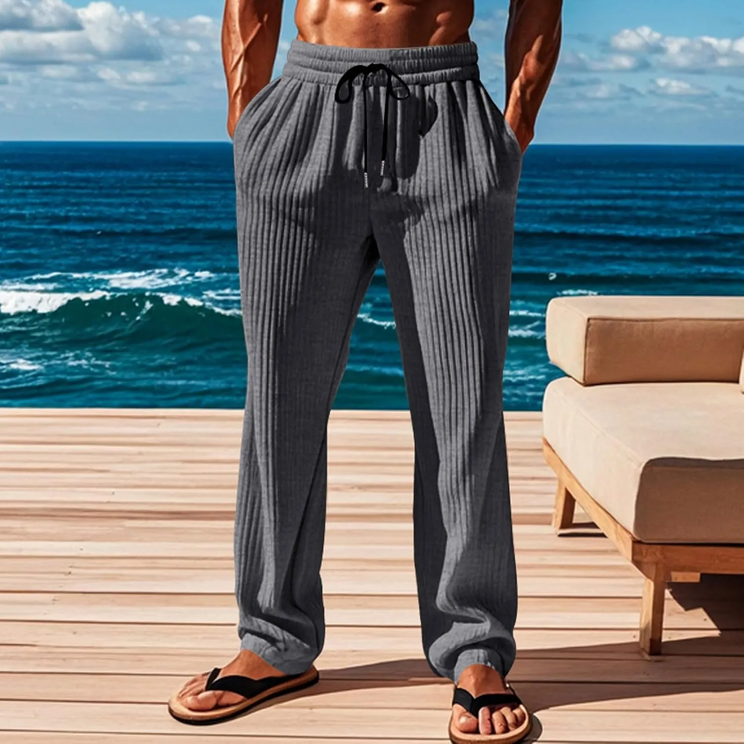 Aymnlox Mens Knit Pants Drawstring Elastic Waist Loose Straight Fit Tapered Trousers Solid with Pockets Fall Casual Pants