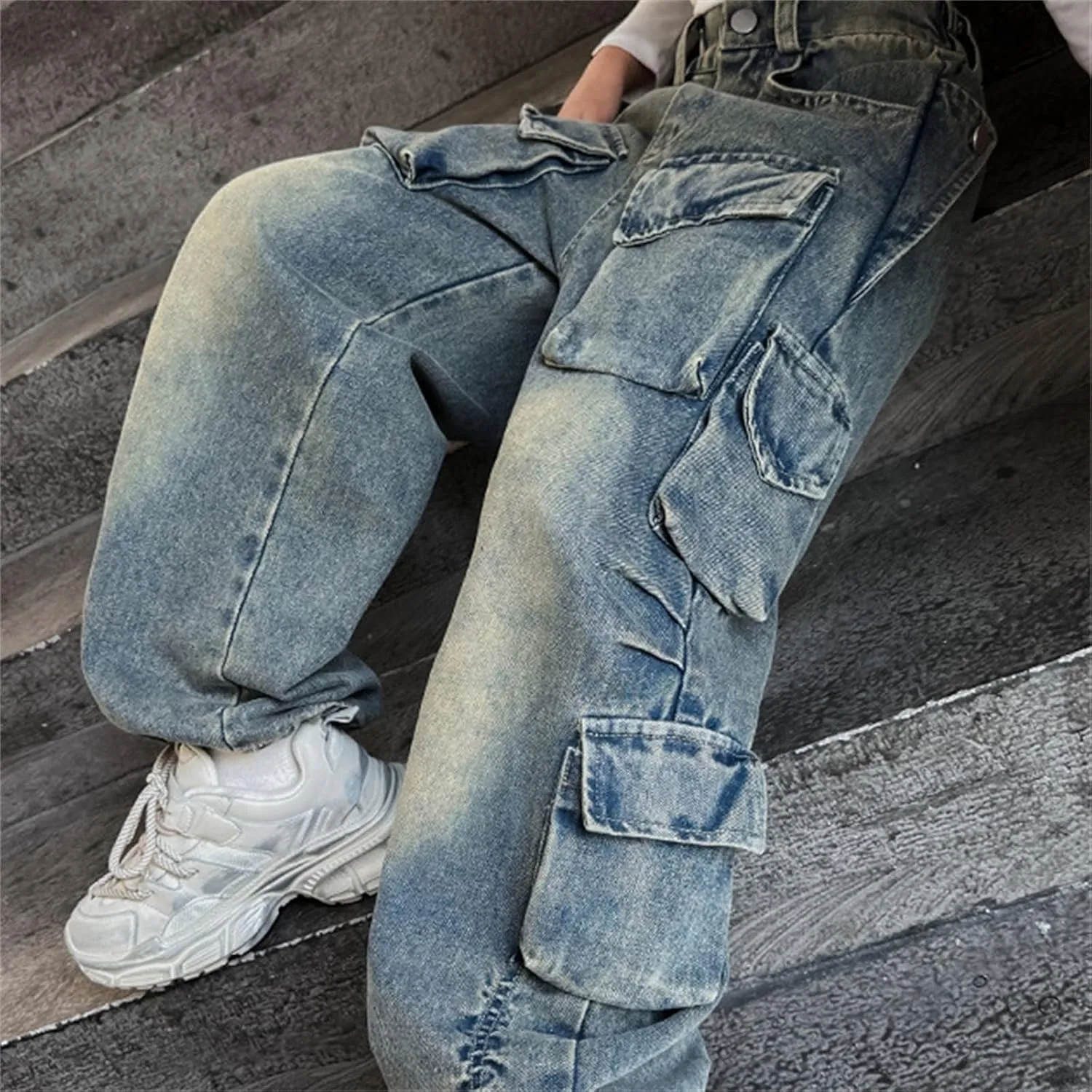 Baggy Cargo Pants for Kids Girls Wide Leg Jeans 𝗬2𝗞 Hip Hop High Waisted Pants Casual Streetwear Loose Trousers
