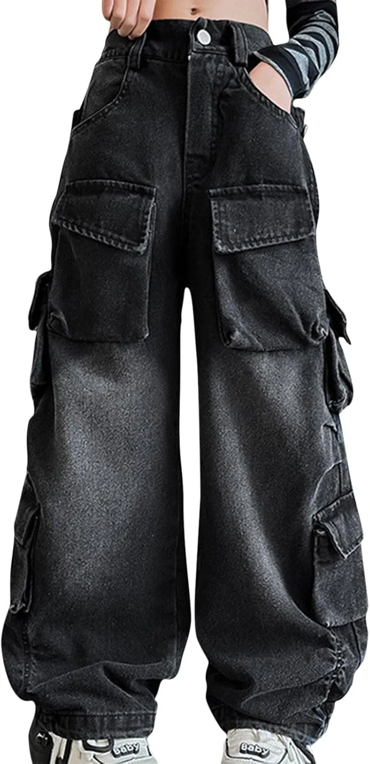Baggy Cargo Pants for Kids Girls Wide Leg Jeans 𝗬2𝗞 Hip Hop High Waisted Pants Casual Streetwear Loose Trousers