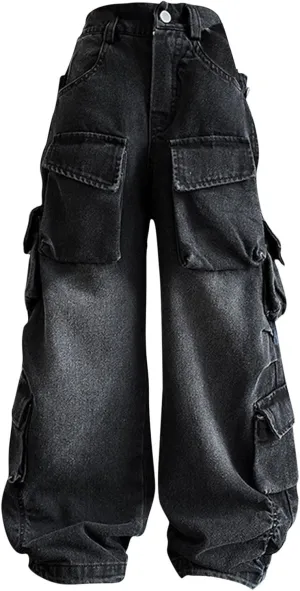 Baggy Cargo Pants for Kids Girls Wide Leg Jeans 𝗬2𝗞 Hip Hop High Waisted Pants Casual Streetwear Loose Trousers