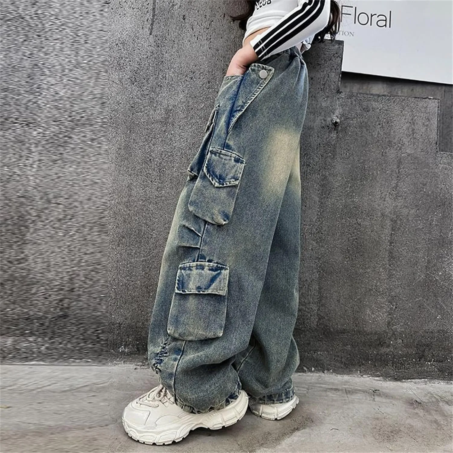 Baggy Cargo Pants for Kids Girls Wide Leg Jeans 𝗬2𝗞 Hip Hop High Waisted Pants Casual Streetwear Loose Trousers