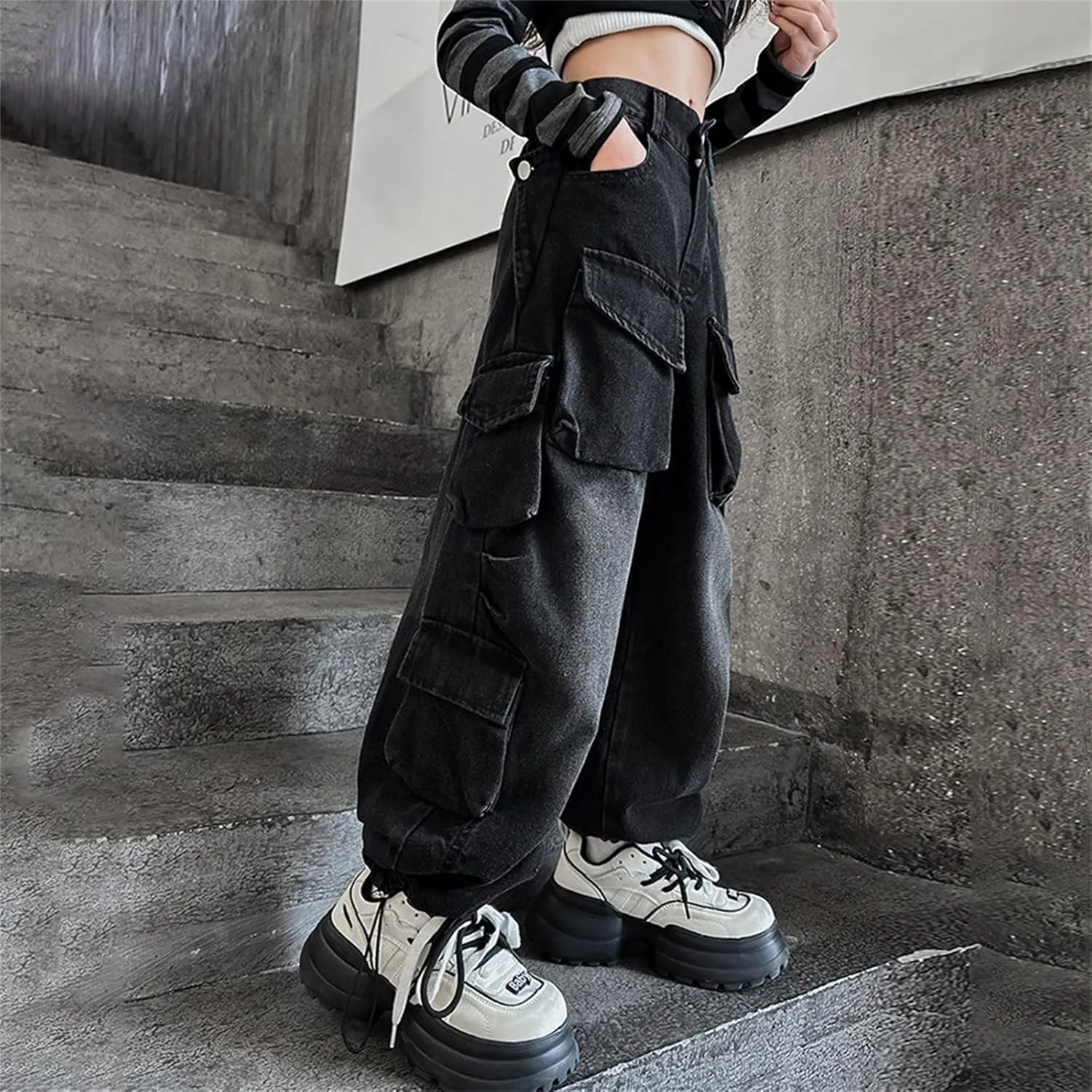 Baggy Cargo Pants for Kids Girls Wide Leg Jeans 𝗬2𝗞 Hip Hop High Waisted Pants Casual Streetwear Loose Trousers
