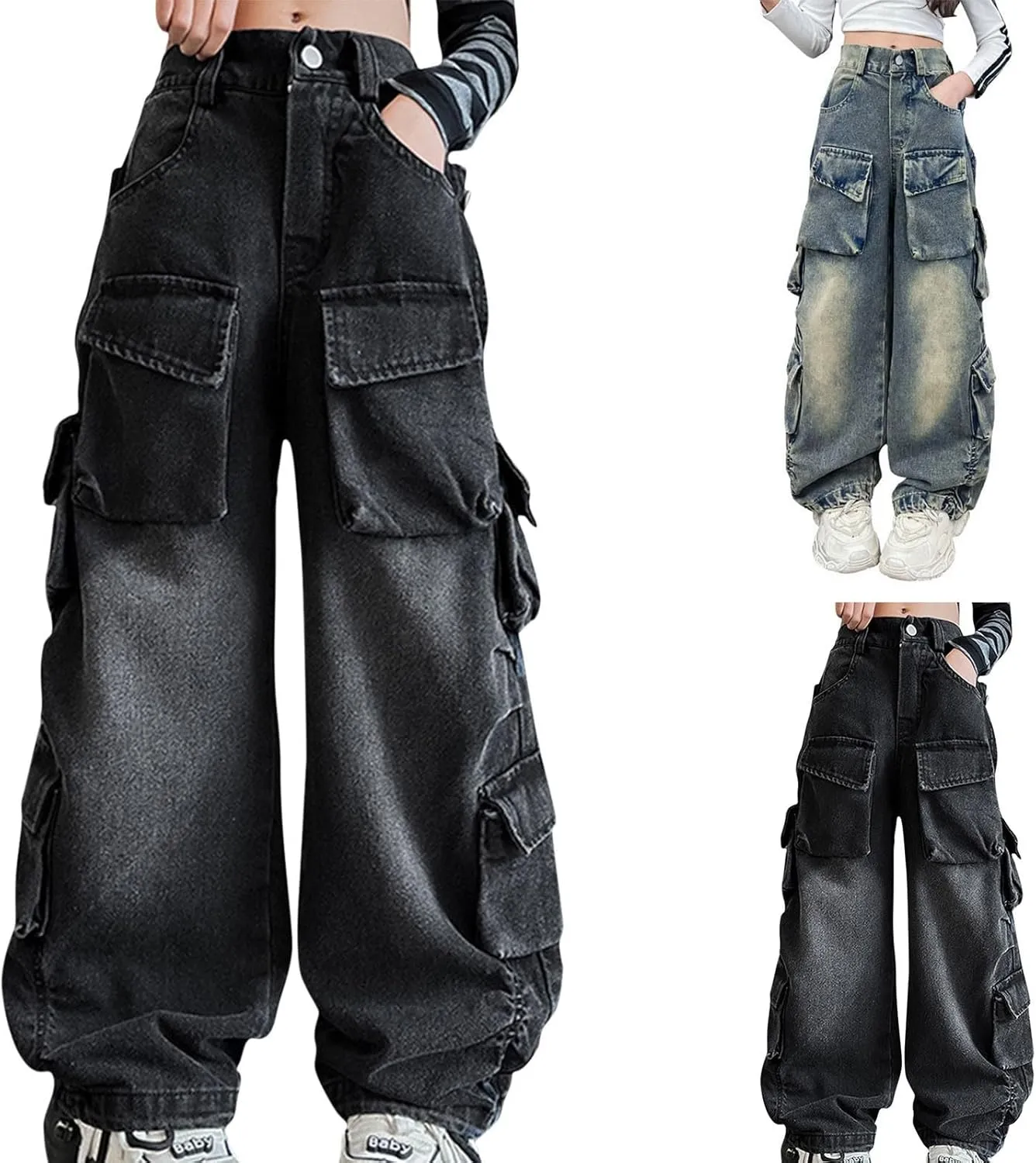 Baggy Cargo Pants for Kids Girls Wide Leg Jeans 𝗬2𝗞 Hip Hop High Waisted Pants Casual Streetwear Loose Trousers