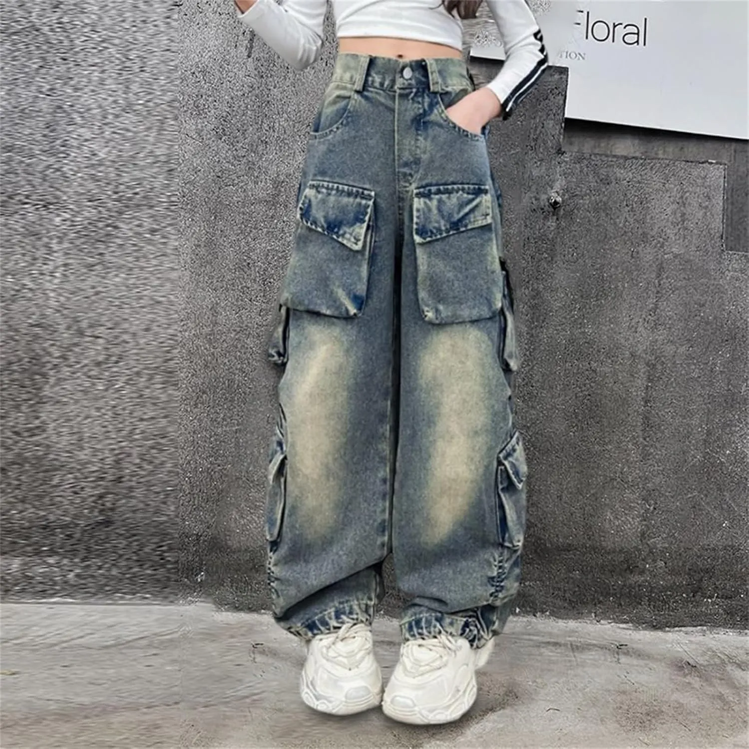 Baggy Cargo Pants for Kids Girls Wide Leg Jeans 𝗬2𝗞 Hip Hop High Waisted Pants Casual Streetwear Loose Trousers