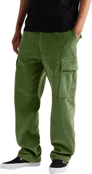 Baggy Cargo Pants Men Big and Tall Relaxed Fit Casual Corduroy Pants Autumn and Winter Solid Straight Athletic Sweatpants