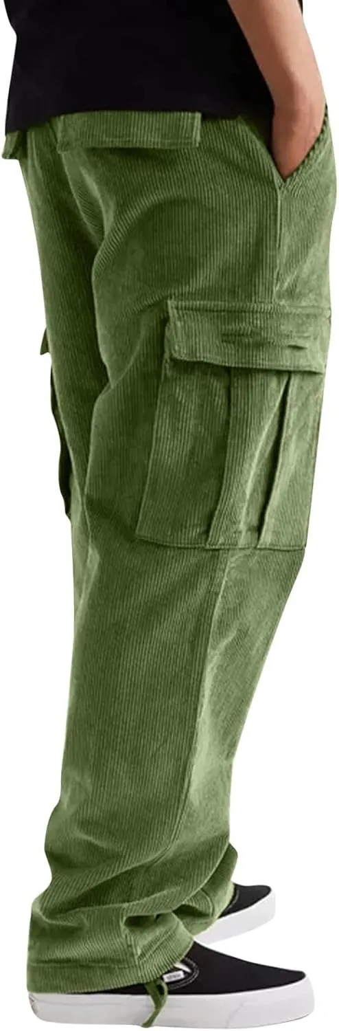 Baggy Cargo Pants Men Big and Tall Relaxed Fit Casual Corduroy Pants Autumn and Winter Solid Straight Athletic Sweatpants