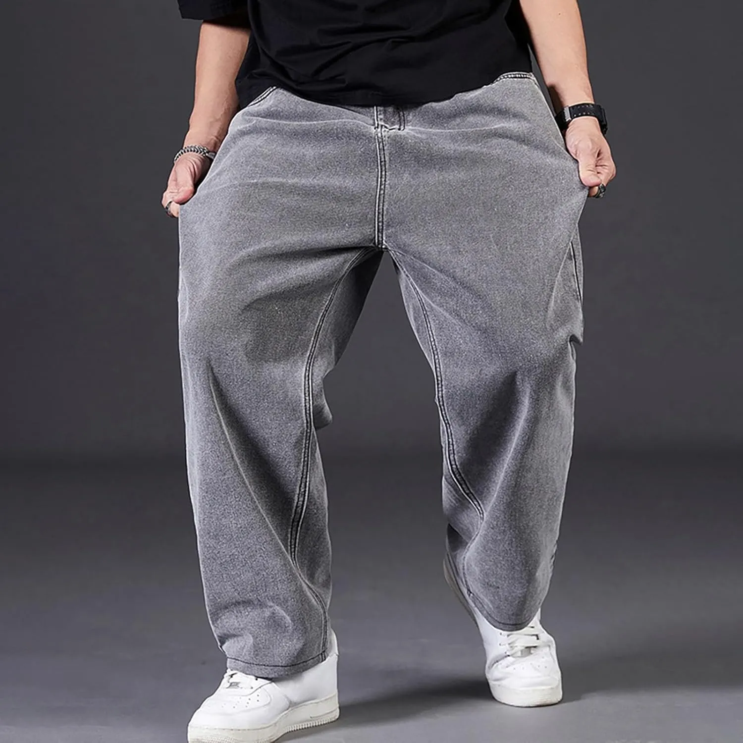 Baggy Jeans Men Plus Size Drawstring Elastic Waist Denim Pants Casual Straight Leg Jean Regular Fit Fall Trousers