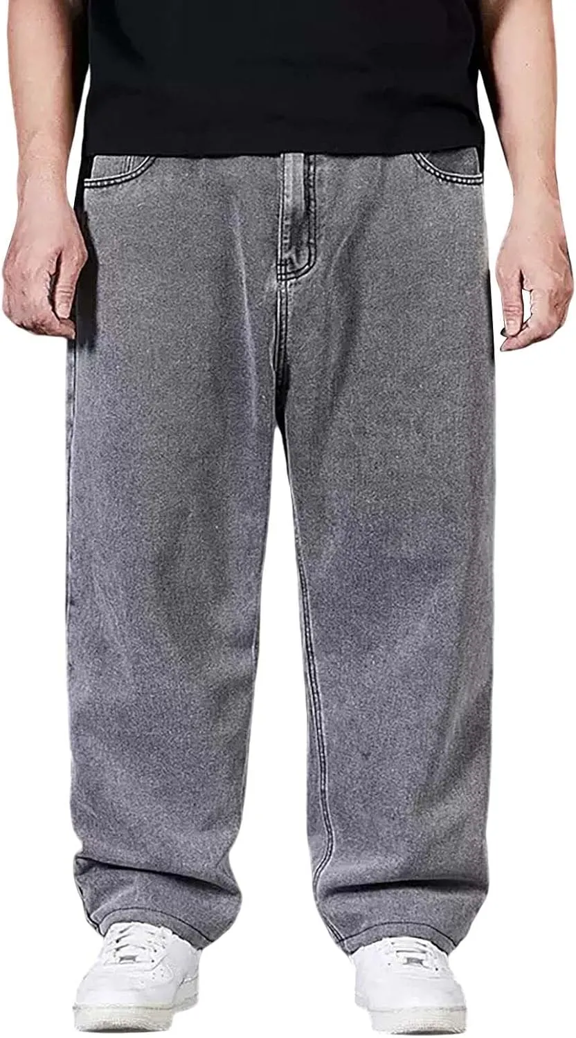 Baggy Jeans Men Plus Size Drawstring Elastic Waist Denim Pants Casual Straight Leg Jean Regular Fit Fall Trousers