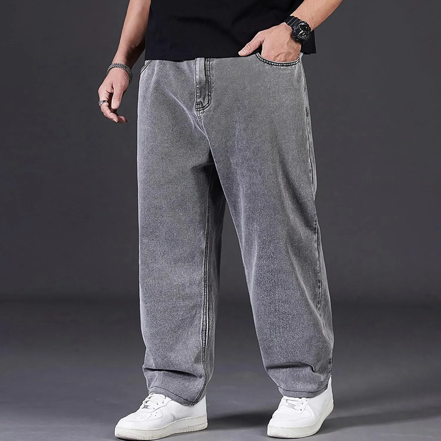 Baggy Jeans Men Plus Size Drawstring Elastic Waist Denim Pants Casual Straight Leg Jean Regular Fit Fall Trousers