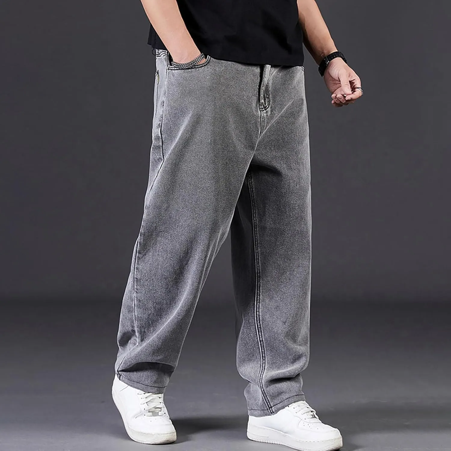 Baggy Jeans Men Plus Size Drawstring Elastic Waist Denim Pants Casual Straight Leg Jean Regular Fit Fall Trousers