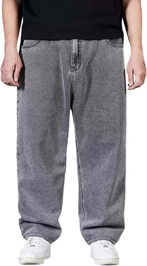 Baggy Jeans Men Plus Size Drawstring Elastic Waist Denim Pants Casual Straight Leg Jean Regular Fit Fall Trousers