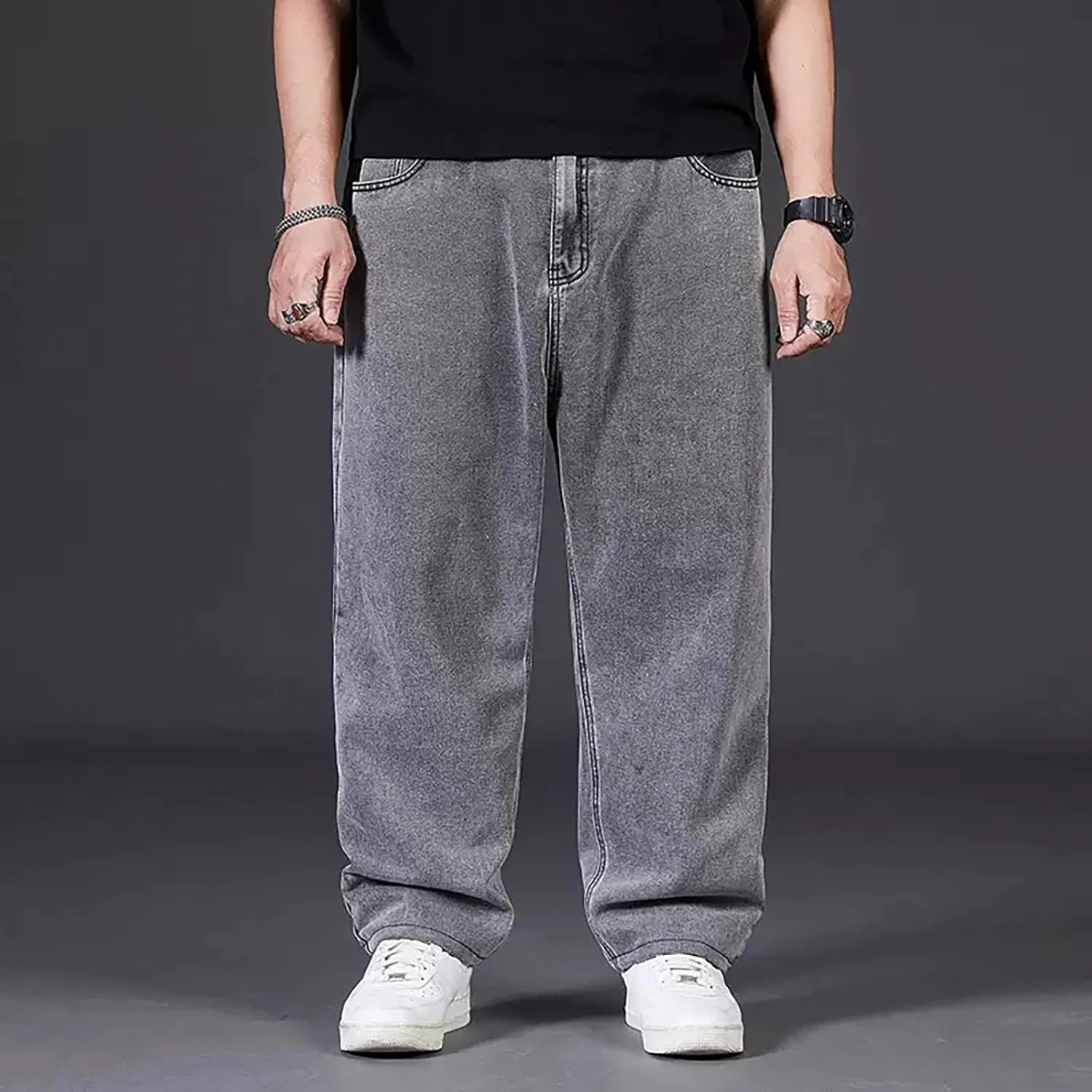 Baggy Jeans Men Plus Size Drawstring Elastic Waist Denim Pants Casual Straight Leg Jean Regular Fit Fall Trousers