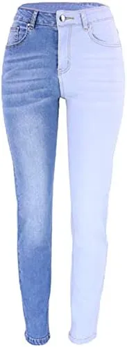 BAIMORE Women's Fshion Two Tone Color Block High Waisted Wash Stretch Straight Leg Jeans
