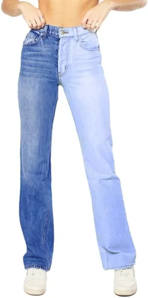 BAIMORE Women's Fshion Two Tone Color Block High Waisted Wash Stretch Straight Leg Jeans