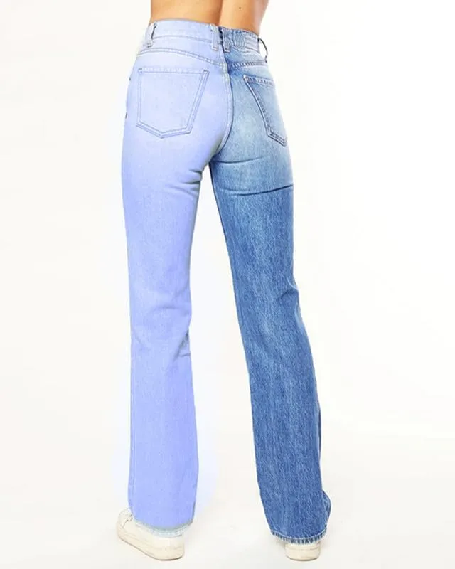 BAIMORE Women's Fshion Two Tone Color Block High Waisted Wash Stretch Straight Leg Jeans