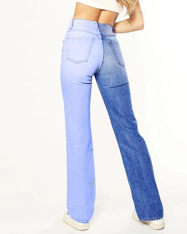 BAIMORE Women's Fshion Two Tone Color Block High Waisted Wash Stretch Straight Leg Jeans