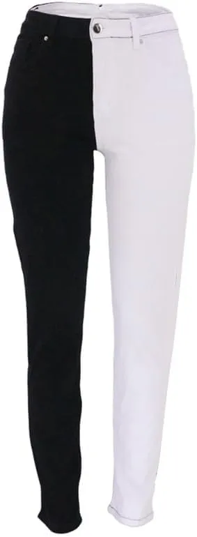 BAIMORE Women's Fshion Two Tone Color Block High Waisted Wash Stretch Straight Leg Jeans