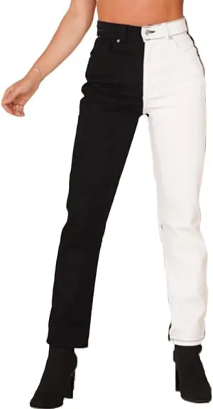 BAIMORE Women's Fshion Two Tone Color Block High Waisted Wash Stretch Straight Leg Jeans
