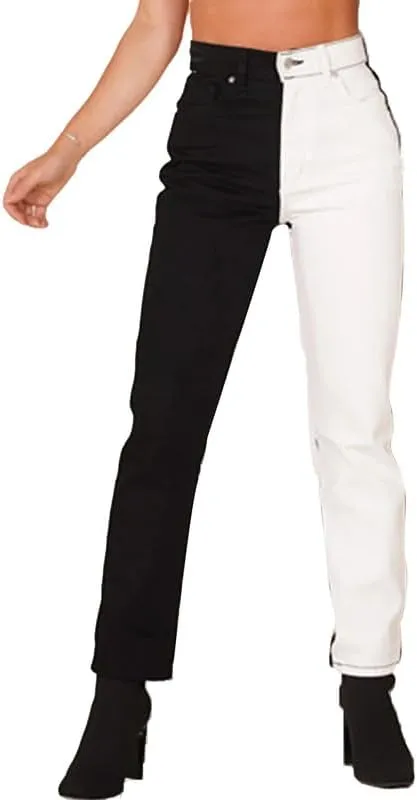 BAIMORE Women's Fshion Two Tone Color Block High Waisted Wash Stretch Straight Leg Jeans