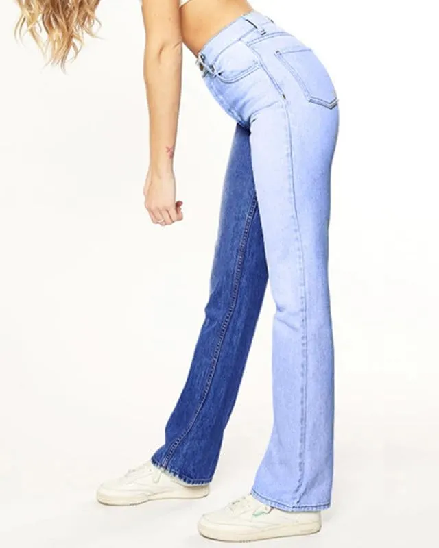BAIMORE Women's Fshion Two Tone Color Block High Waisted Wash Stretch Straight Leg Jeans