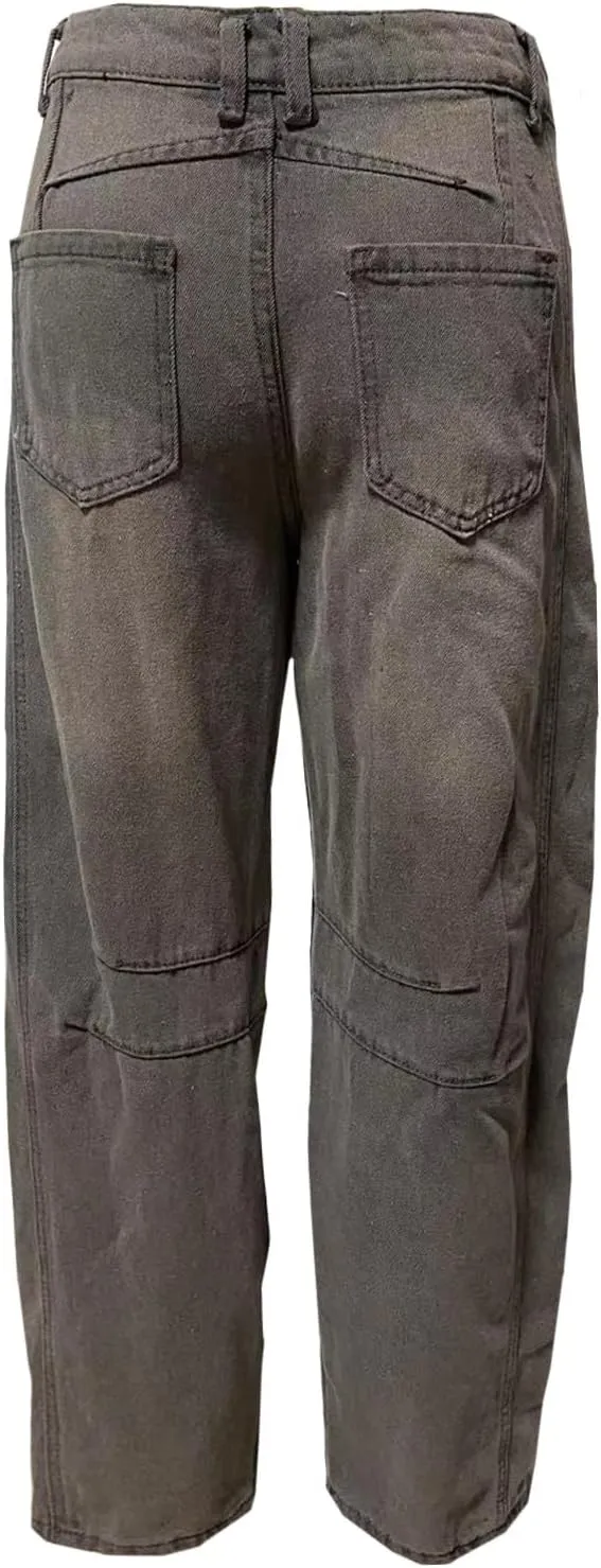 Barrel Jeans Women Casual Trendy Low Rise Baggy Wide Leg Jeans Boyfriend Vintage Cropped Trousers with Pockets