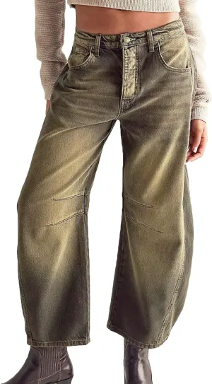 Barrel Jeans Women Casual Trendy Low Rise Baggy Wide Leg Jeans Boyfriend Vintage Cropped Trousers with Pockets