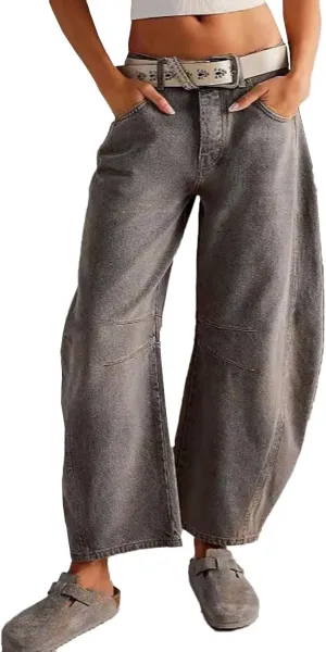 Barrel Jeans Women Casual Trendy Low Rise Baggy Wide Leg Jeans Boyfriend Vintage Cropped Trousers with Pockets