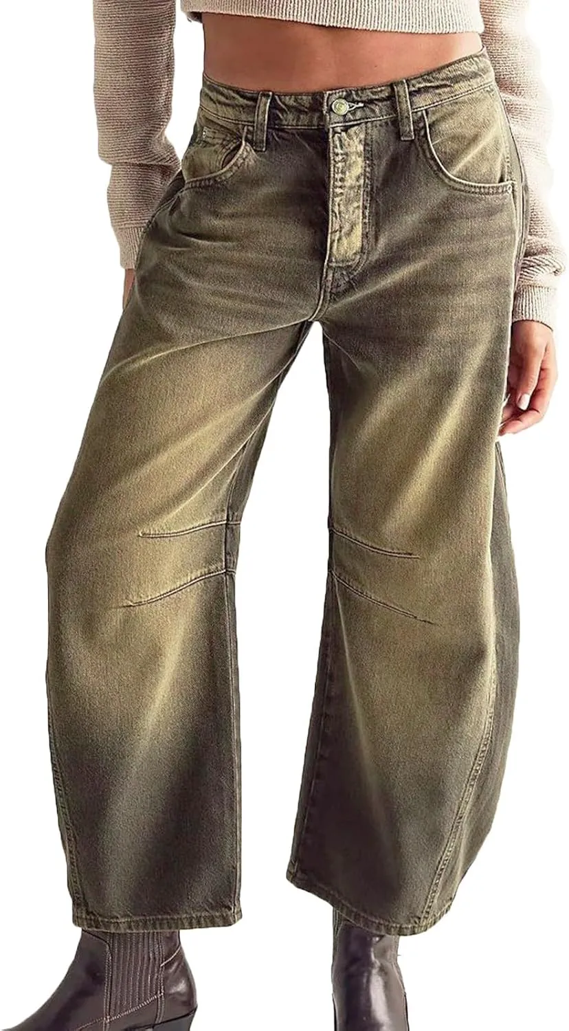 Barrel Jeans Women Casual Trendy Low Rise Baggy Wide Leg Jeans Boyfriend Vintage Cropped Trousers with Pockets