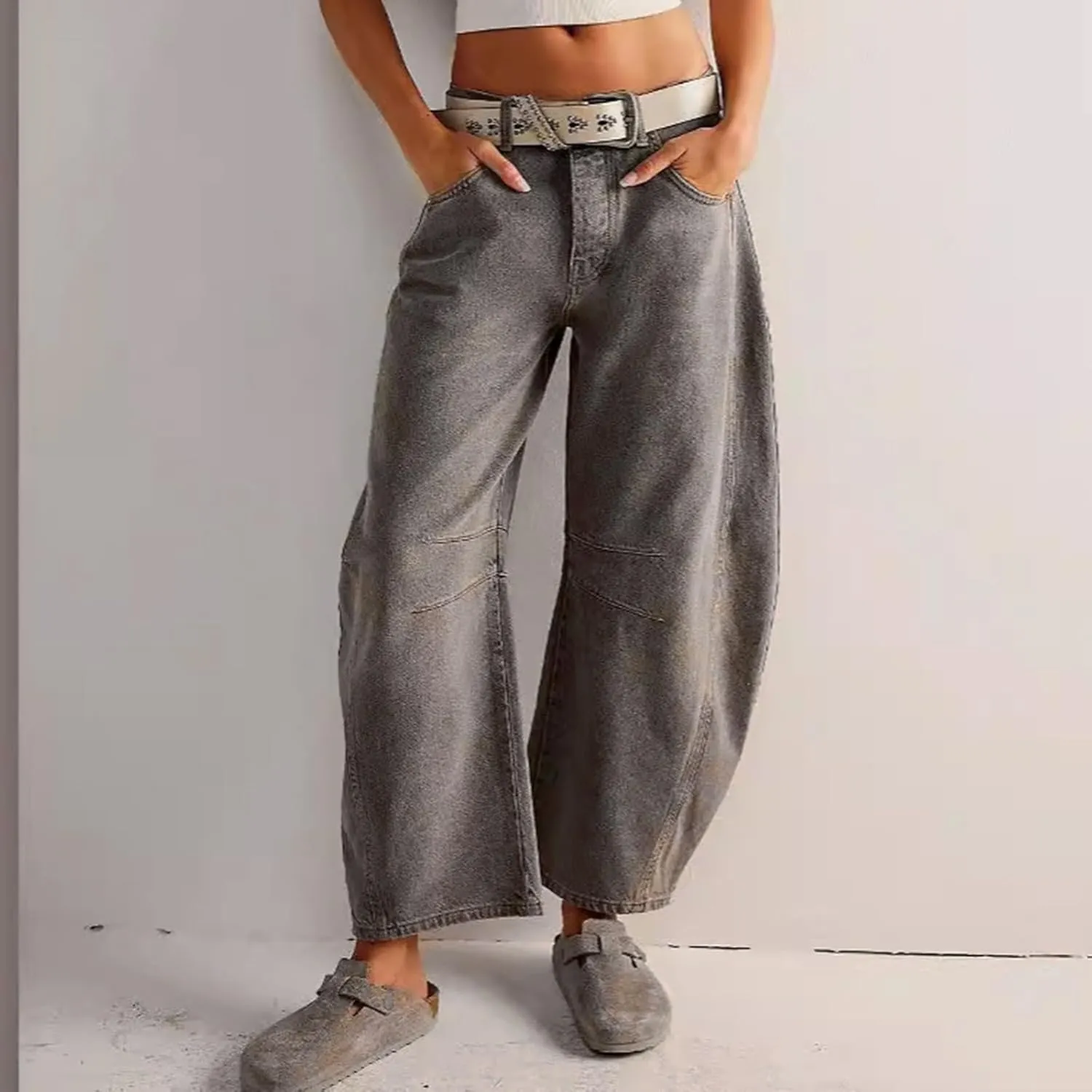 Barrel Jeans Women Casual Trendy Low Rise Baggy Wide Leg Jeans Boyfriend Vintage Cropped Trousers with Pockets