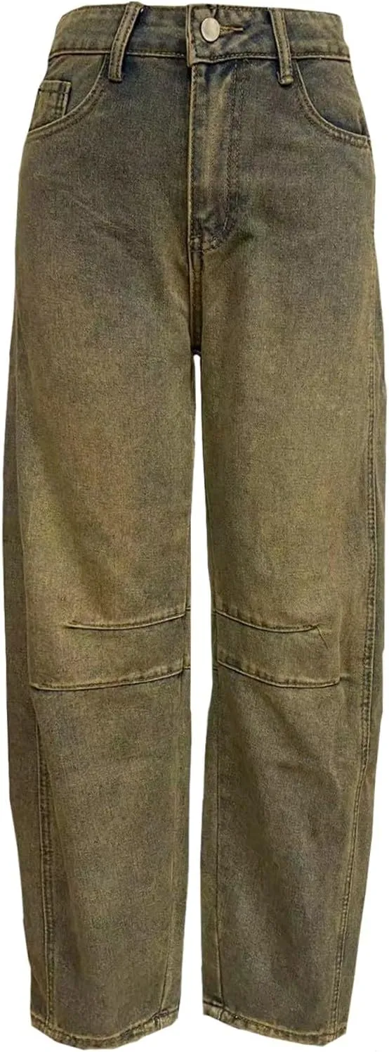 Barrel Jeans Women Casual Trendy Low Rise Baggy Wide Leg Jeans Boyfriend Vintage Cropped Trousers with Pockets
