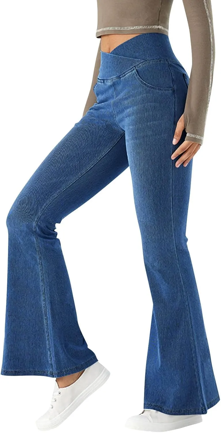 Bell Bottom Jeans for Women Crossover Elastic Waist Jean Leggings Stretchy High Waisted Denim Pants with Pockets