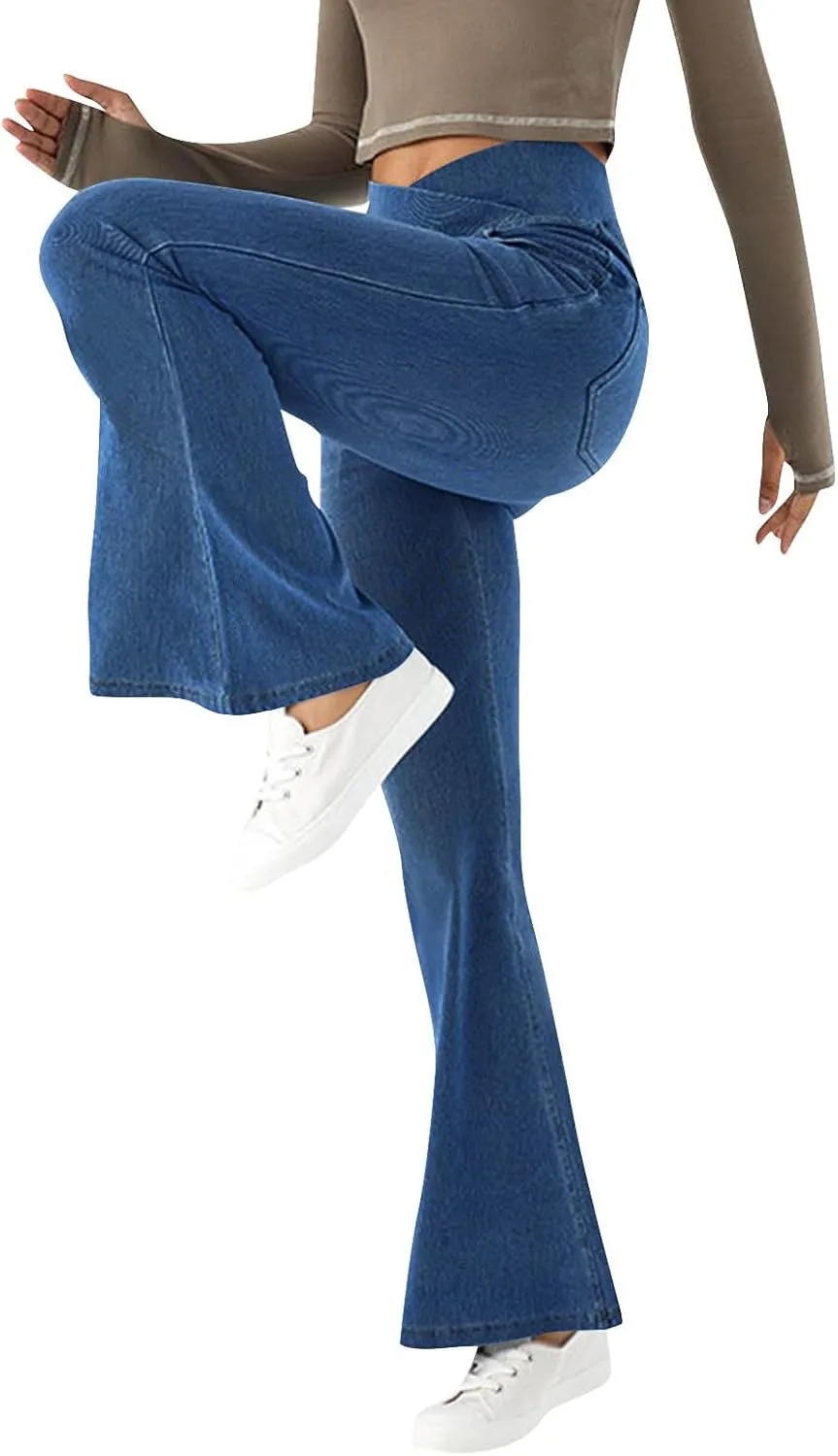 Bell Bottom Jeans for Women Crossover Elastic Waist Jean Leggings Stretchy High Waisted Denim Pants with Pockets