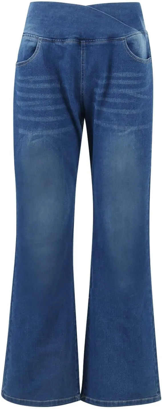 Bell Bottom Jeans for Women Crossover Elastic Waist Jean Leggings Stretchy High Waisted Denim Pants with Pockets