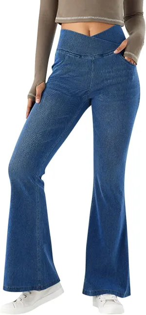 Bell Bottom Jeans for Women Crossover Elastic Waist Jean Leggings Stretchy High Waisted Denim Pants with Pockets