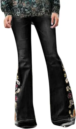 Bell Bottom Jeans High Waisted Stretch Flare Button Fly Wide Leg Jean Embroidery Bootcut Y2K Denim Pants, XX-Large, 01-black