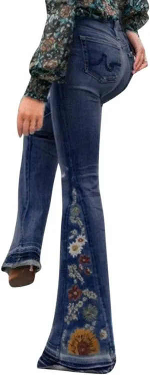 Bell Bottom Jeans High Waisted Stretch Flare Button Fly Wide Leg Jean Embroidery Bootcut Y2K Denim Pants,01-dark Blue,X-Large