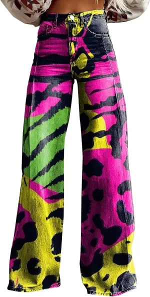 Bellbottoms Jeans for WomenWomen's Flare Wide Leg Jeans 2025 High Waisted Denim Vintage Floral Printed Pants Casual Colorful Straight Trouser