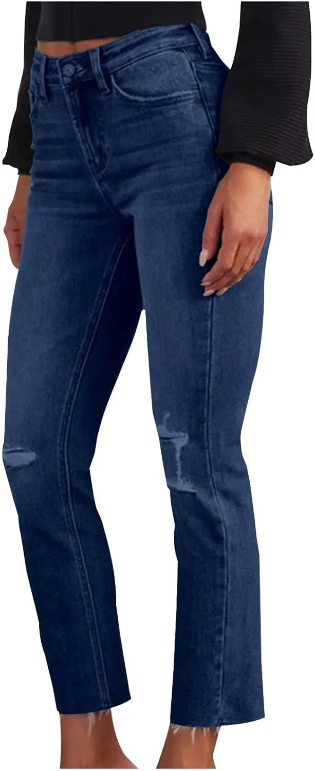Bidobibo High Waisted Straight Leg Jeans for Women Distressed Skinny Stretchy Ripped Jeans Womens Ripped Jeans Stretchy